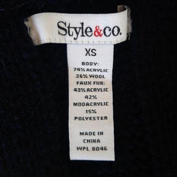 Style & Co Wool Thick Cable Knit Faux Fur Trim Open Cardigan Tunic Black Sz XS - Picture 3 of 8